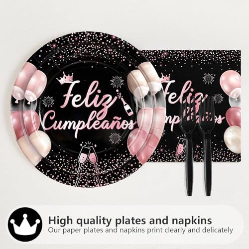 96Pcs Feliz Cumpleaños Black and Pink Decorations for Girls Women Serves 24 - Image 3