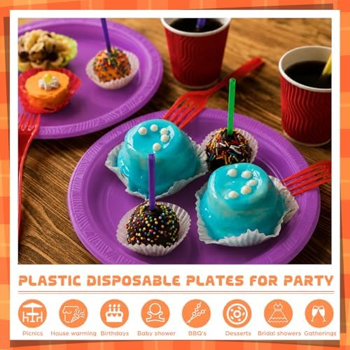 Plastic Plates 9 Inch Plastic Solid Round Party Dessert Dinner Plates for Weddings Party BBQs Birthday Camping and Anniversary (50, Purple) - Image 4