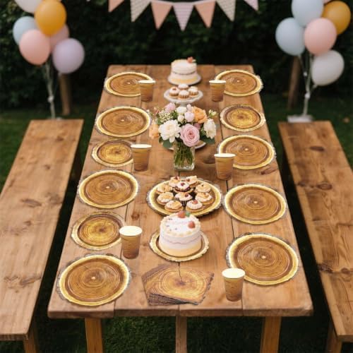 175 Pieces Camping Wood Grain Slice Tableware Set Rustic Wood Party Decorations Plates Napkins Cups Knives Fork Spoon for Hunting Birthday Party Decorations Serve 25 Guests - Image 6