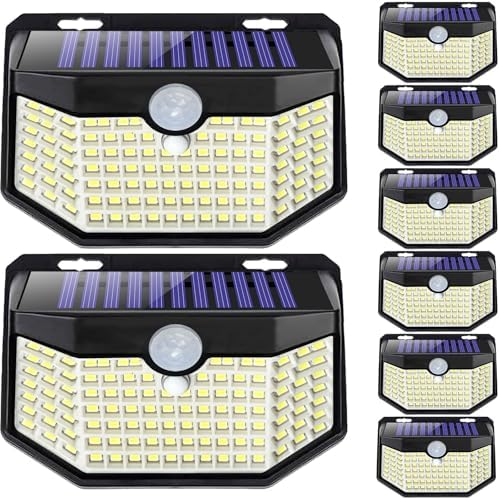 HMCITY 120 LED Outdoor Solar Lights with Motion Sensor and 3 Lighting Modes, IP65 Waterproof Wide Solar Wall Lights Ideal for Garden Patio Yard (Front Button 8Packs, Black Shell-Daylight White) by LightingUpYourLife