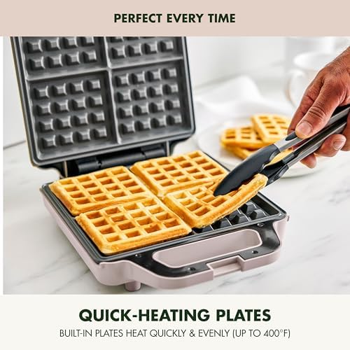 GreenPan Advanced Waffle Maker, 4-Square Belgian & Classic Waffle Maker, PFAS-Free Ceramic Nonstick, Cool-Touch Handle, Overheat Protection, Easy Clean, Clay - Image 4