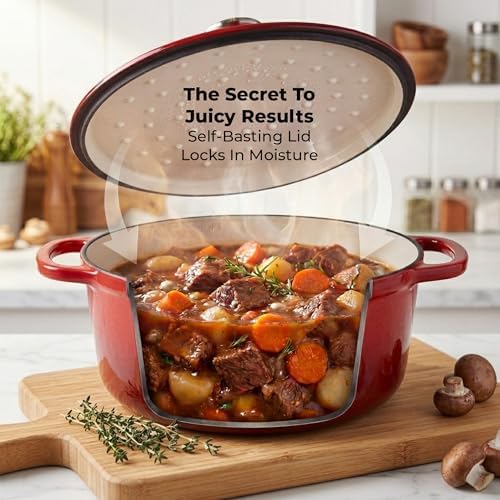 Zulay Kitchen 5 Quart Enameled Cast Iron Dutch Oven Pot with Lid – Premium Durability & Oven Safe up to 500°F – Heavy Duty Cookware Perfect for Bread Baking, Stews, Braising & Roasting – Ablaze Red - Image 4