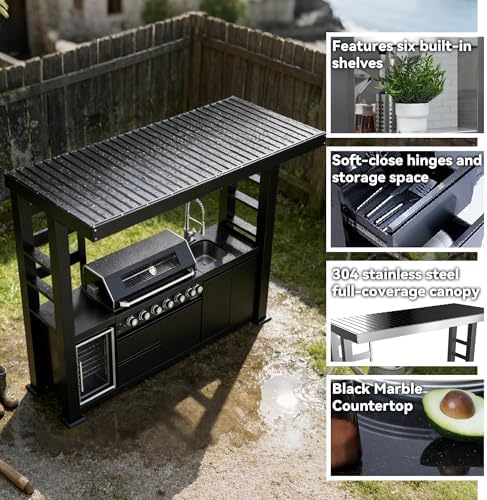 108-Inch 6-Burner 85000 BTU Propane Gas Grill Island with Shed, 304 Stainless Steel Black, 684 Sq.In Cooking Area, Wine Cooler, Rotisserie & Granite Countertops for Backyard BBQ, Black - Image 5