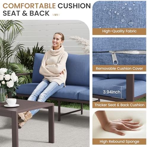 Aluminum Patio Furniture Set 5 Pieces Modern Patio Conversation Sets for Porch, Deck, Garden, 7-Seat Outdoor Furniture Metal Sofa Set with 4" Water-Resistant Cushion & Coffee Table,Navy - Image 6
