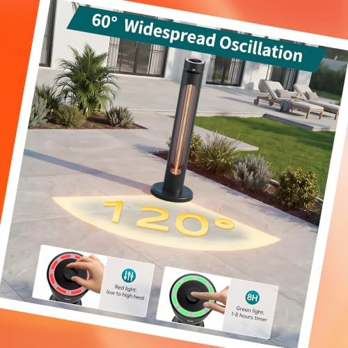 1500W Electric Patio Heater for Outdoor Use, Infrared Heater with 8 Heat Levels, 60° Oscillation, Remote Control, 8-Hour Timer, Tip-Over & Overheat Protection, Black - Image 5