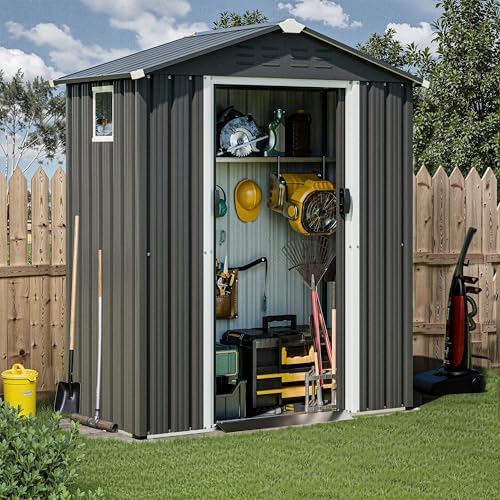 JY QAQA 5x3 FT Metal Outdoor Garden Storage Shed,Waterproof Metal Garden Sheds with Window and Lockable Double Door,Weather Resistant Steel Tool Storage House Shed forPatio,Lawn (Gray) by JYQAQA