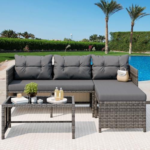 Vongrasig 3 Pieces Patio Furniture Sets, All-Weather Wicker Outdoor Sofa Couch Sectional Set, Small Conversation Set for Patio, Garden w/Cushion, Glass Table, (Grey) - Image 2