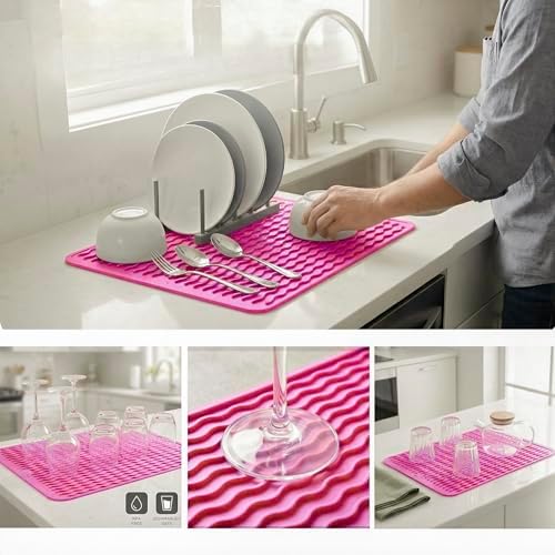 MicoYang Silicone Dish Drying Mat — Quick-Dry Ridges Counter & Sink Pad, Heat-Resistant Trivet to 450°F, Non-Slip & Dishwasher Safe, Roll-Up Storage, 18 Colors & 9 Sizes (Rose, 16"×12") - Image 3