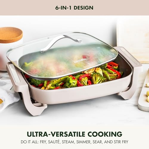 GreenPan Advanced 12” X 15” Electric Skillet with Lid, 7QT Capacity for Family Meals, Ceramic Nonstick PFAS-Free Coating, Fry, Sauté, Steam, Simmer, Sear, Stir Fry, Dishwasher Safe, Clay - Image 2