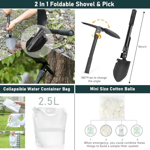 Survival Kit, 262Pcs Survival Gear and Supplies with First Aid Kit Pouch and Crossbody Bag, Emergency Kit with Tent, Camping Axe Hammer, Survival Shovel w/Pick, Bug Out Bag Gifts for Men Women - Image 4