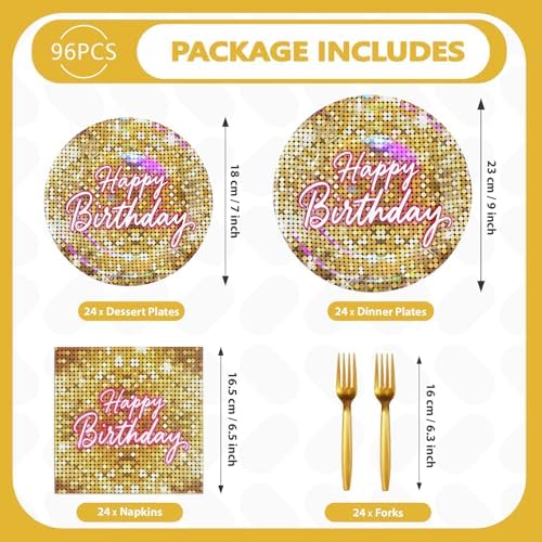 96 Pcs Gold Disco Birthday Party Decorations for Women Girls, Serves 24 - Image 2