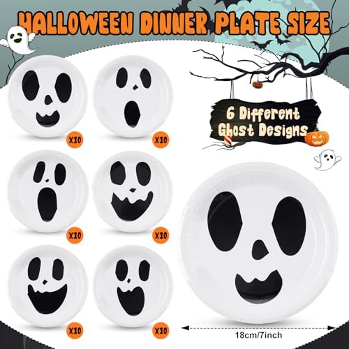 Roshtia 120 Pcs Ghost Paper Plates & Napkins Set, Serves 60, Classic Ghost - Image 2