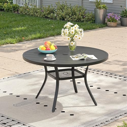 Outdoor Dining Table with Adjustable Umbrella Hole, 40.6" All-Weather Round Patio Dining Table for 4, Metal Patio Table with Storage Shelf for Garden Lawn Porch Deck Yard, Black by ProvideOutdoorSolutions
