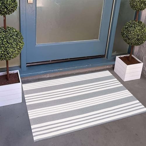 Grey and White Outdoor Doormat 24"x35"Cotton Washable Striped Outdoor Rug - Image 7