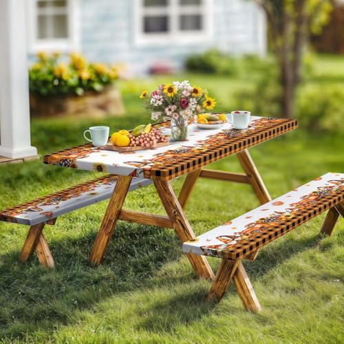 Fall Picnic Table Cover with Bench Covers, Camping Essentials, Thanksgiving Buffalo Plaid Floral Waterproof Windproof, Fitted Tablecloth Cover with Elastic Edge, Indoor & Outdoor, 3 PCS, 30x72 Inch - Image 3