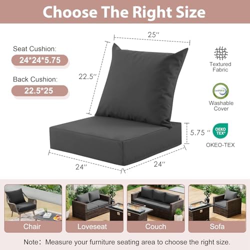 Outdoor Deep Seat Cushion Set, 24x24 Inch, Dark Grey, Set of 6 - Image 2