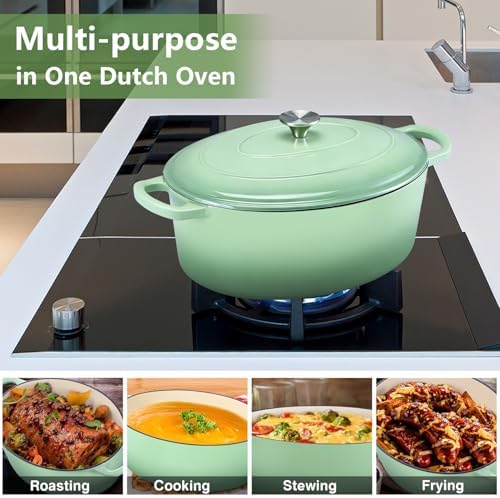 P&P CHEF Oval Dutch Oven with Lid, Enameled Cast Dutch Oven Pot for Bread Baking, Braising, Stewing, Roasting, Non-Stick & Oven Safe, Dual Handles & Easy Clean, 7QT & Pistachio Green, Valentine's Day - Image 7