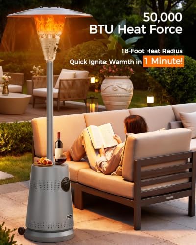 50,000 BTU Patio Heater for Outdoor Use, Portable Propane Patio Heater with Wheels, Stainless Steel Burner for Porch, Deck, Garden, Commercial (Gray) - Image 3