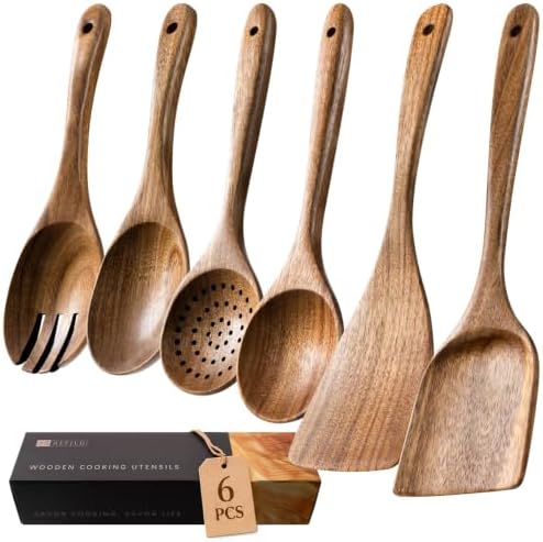 Wooden Spoons for Cooking, 6-Piece Acacia Wood Cooking Utensil Set by HEFILD