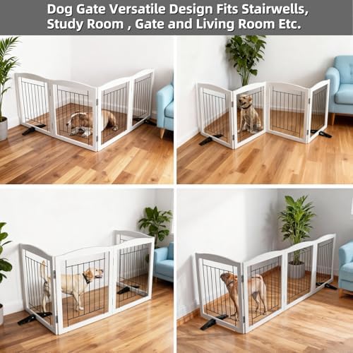 ZJSF Freestanding Dog Fence Indoor, Foldable Dog Gate for Doorways, Stairs or Hallways, Sturdy Wood Extra Wide Pet Gate with Support Feet for The House, White, 24 "Height-4 Panels - Image 4