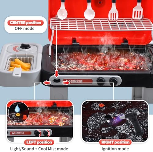 CUTE STONE Kids BBQ Grill Toys, Color Changing Play Food, Sizzling Sound & Light Effects, Cool Mist Spray, Pretend Cooking with Frying & Grilling, 2-Tier BBQ on Wheels - Kitchen Toy, Birthday Gift - Image 5