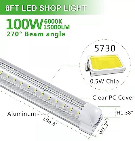 Skymoatled 2Pack 8FT LED Shop Light Garage Lights,100W 6000K 15000LM White Light,Hanging/Surface Mount,Plug and Play,Super Bright T8 Tube Light,Linkable LED Shop Lights for Warehouse Workshop Basement - Image 2