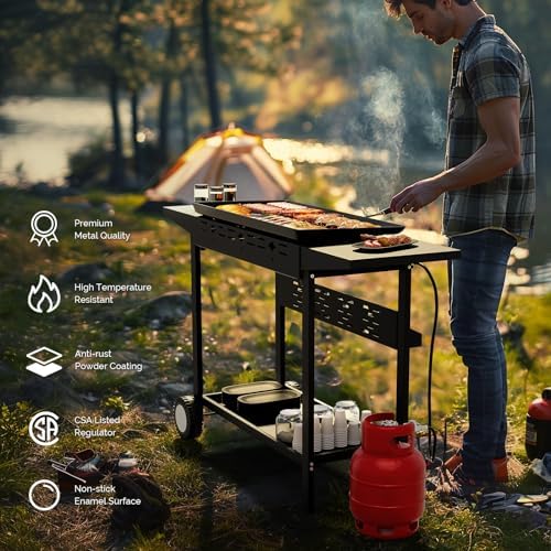 ROVSUN 4 Burner Portable Propane Griddle with Nonstick Enameled Tray, 40000 BTU Rolling Flat Top Gas Grill with Electronic Ignition, Side Shelves & Regulator for Outdoor Cooking Camping BBQ Tailgating - Image 2
