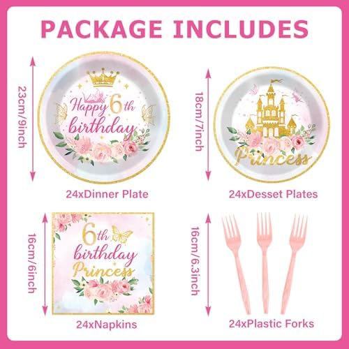 96PCS Princess 6th Birthday Party Plates and Napkins and Forks Set for Princess Party Pastel Castle Dessert Plates Disposable Decor Pink Gold Tableware Set for 6th Theme Party Favors Decorations - Image 2