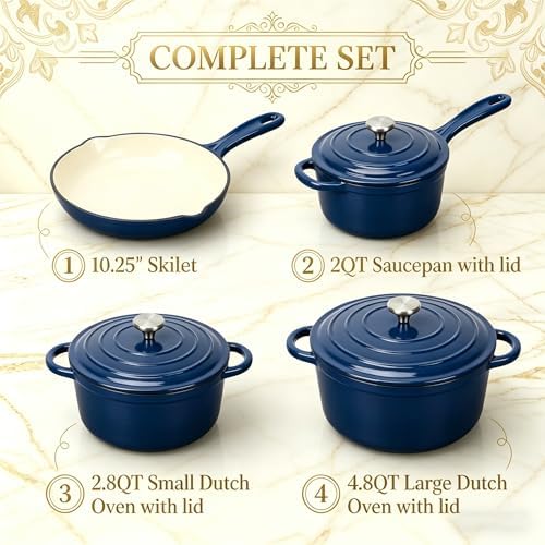 QuliMetal Enameled Cast Iron Cookware Set, 4-Piece Pots and Pans Set with Lids, 10.25" Skillet, 2QT Saucepan, 2.8QT & 4.8QT Dutch Ovens, Oven Safe to 500°F, All Stovetops Compatible - Navy Blue - Image 2