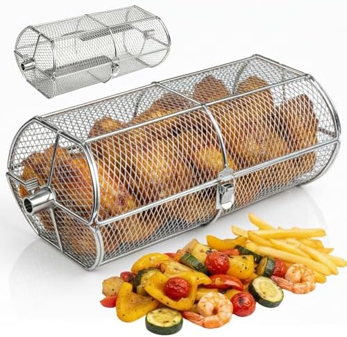 Rotisserie Basket for Outdoor Grill (15.4" x 6.8" x 6.4") - Heavy Duty Stainless Steel BBQ Basket with Reinforced Latch & Safety-Smooth Edges - Splits Apart for Easy Cleaning - Fits Most Grills by GrillX