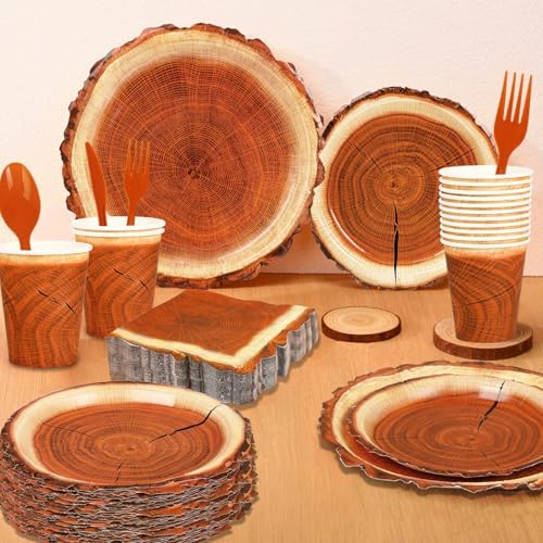 400 Pieces Camping Wood Grain Slice Party Supplies Set Paper Plate Cup Napkin for Camping Woodland Baby Shower Lumberjack Birthday Featuring a Round Wooden Slice Die Cut Edge Design Serve 50 - Image 6