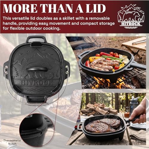 HITROCK Cast Iron Camp Dutch Oven with Legs 5QT, Pre-Seasoned Camping Dutch Oven with Lid,Outdoor Pot with Lid Lifter, Storage Bag & Handle for Camping, Baking, Grilling, Rounded-square Shape - Image 6
