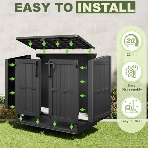 Plastic Outdoor Storage Shed, 37 Cu Ft Weatherproof Outdoor Storage Box with Double Lockable Door, All-Weather Resin Storage Cabinet for Patio, Backyard, Lawn, Garage and Poolside,Wood-Grain (Black) - Image 7