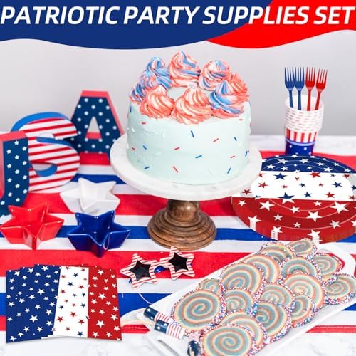 100 Pcs Patriotic Red White Blue Stars Plates Napkins Tableware Decorations - Image 4