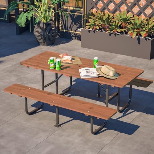 72'' Rectangular Outdoor Dining Table Wooden Patio Dining Table & 2 Built-in Bench for 8, 2" Umbrella Hole & Metal Base, Suitable for Picnic Backyard Garden Porch, Brown - Image 5