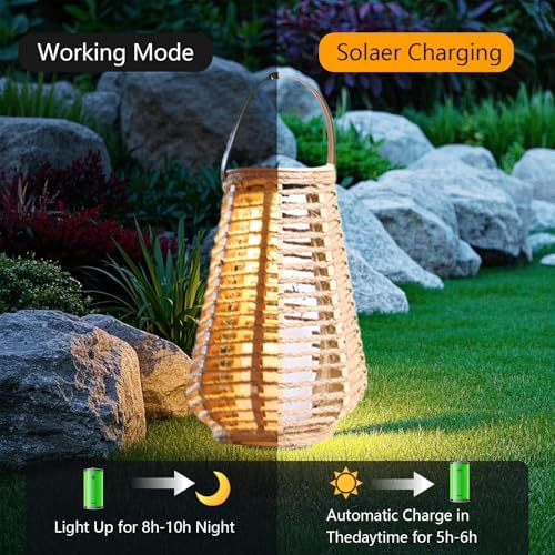 2 Pack Solar Lanterns Outdoor Waterproof, Hand-Woven Hemp Rope,10x5.5 Inch - Image 5