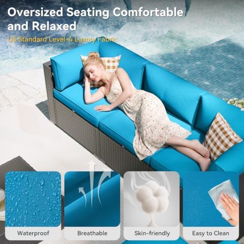 Aoxun Patio Furniture Set with Fire Pit Table, 8 Piece Outdoor Sectional Sofas, Wicker Rattan Outdoor Furniture with Thickened Cushion for Backyard, Garden Peacock Blue - Image 5