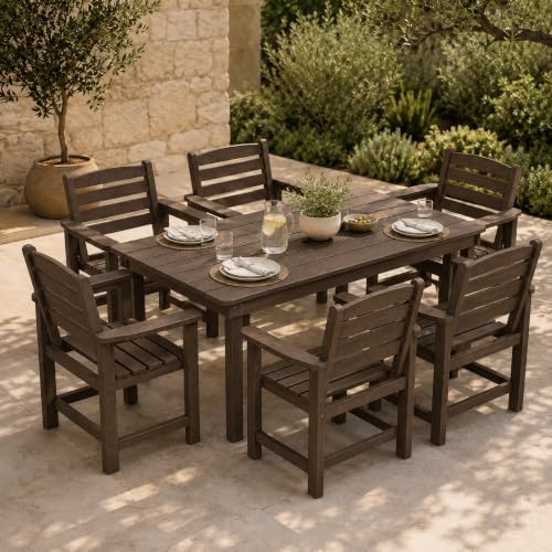 7 Pcs Outdoor Patio Dining Set, HDPE Table & Chairs with Umbrella Hole by PatioKingdom