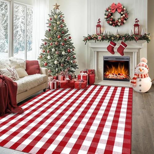 Christmas Red and White Plaid Rug 8x10 ft, Extra Large Cotton Hand-Woven Buffalo Check Area Rug for Living Room, Bedroom, Patio, Christmas Holiday Farmhouse Decor, Washable Outdoor Indoor Carpet by Homydecor