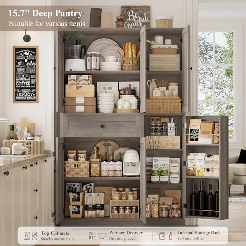 HOSTACK 68" H Kitchen Pantry Storage Cabinet with Doors & Shelves, Ash Gray - Image 6