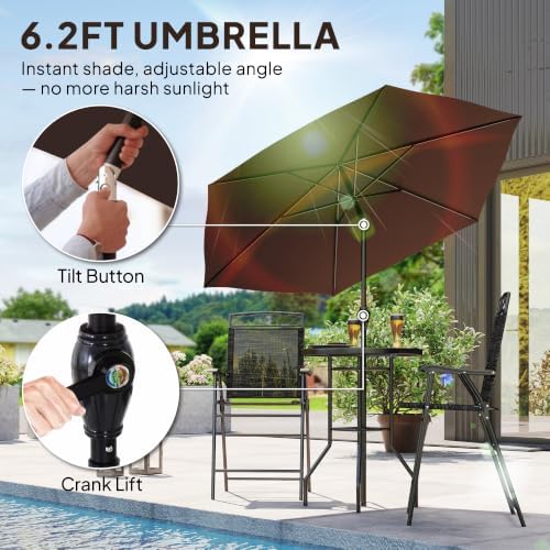 Outsunny 4 Piece Outdoor Patio Dining Furniture Set, 2 Folding Chairs, Adjustable Angle Umbrella, Wave Textured Tempered Glass Dinner Table, Black - Image 3