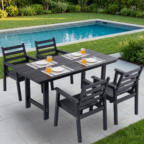 5-Piece Outdoor Dining Set, All-Weather HDPE Patio Furniture, 66.5" Slatted Table with 1.6" Umbrella Hole & 4 Ergonomic Armchairs, Heavy Duty 350lbs Capacity, UV Resistant, Black by Unknown