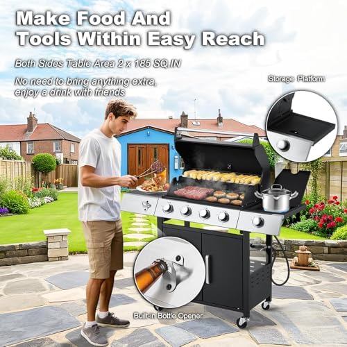 MELLCOM Upgraded 44,000 BTU Stainless Steel Burner Barbecue Grill, 4 Burner BBQ Propane Gas Grill with Side Stove & Cast Iron Grates for Patio, Camping, Outdoor Cooking - Image 6