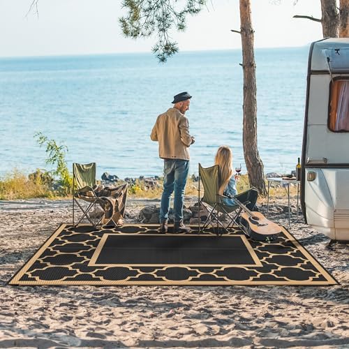 GENIMO Outdoor Rug, Waterproof Plastic Rugs for Patio, 5'x8' Black Brown - Image 2