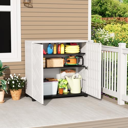 Outdoor/Indoor Storage Box,Resin and Plastic Storage Cabinet Waterproof,Outdoor Cabinet for Patio/Garden/Balcony/Backyard/All Room (with 2 Shelves)-White - Image 2