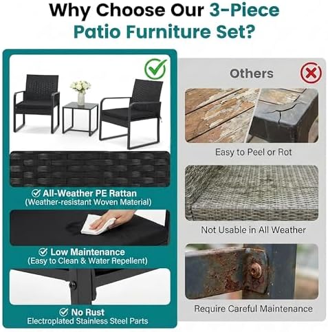 Bezseller 3-Piece Patio Furniture Set, Wicker Bistro Set, Black - Image 6