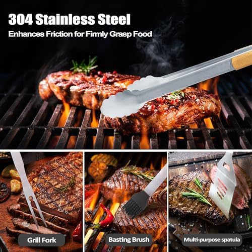 Grilling Accessories, Christmas Grilling Gifts for Men, Birthday Gift for Dad, Heavy Duty Wooden BBQ Grill Kit, Thick Stainless Steel Grill Utensils with Non-Slip Handle Tools in Portable Bag - Image 5