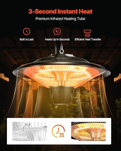VEVOR Hanging Patio Heater, 1500W Electric Space Infrared Heater, IP34 Protection with 23.6 inch Pull Cord & Adjustable Chain, for Porch,Patio,Dining Room,Studio Outdoor/Indoor - Image 2