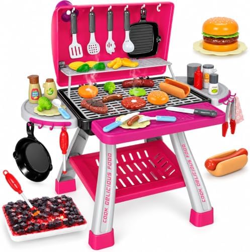 Kids Play Kitchen Toys, Kids BBQ Grill Kitchen Playset with Smoke, Sound & Light, Pink Play Food Toys Cooking Set, 2-Layer Barbecue Outdoor Play Grill Toy Gift for Toddler Girls 3-5, Pink by Bstoyder