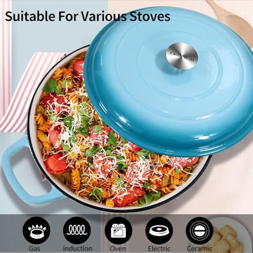 3.8 Quart Enameled Cast Iron Braiser Pan with Lid, Shallow Dutch Oven, Teal - Image 6